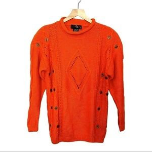 VINTAGE‎ 80s Chunky Cable 3D Knit Sweater Embellished Oversized Mockneck Tunic S